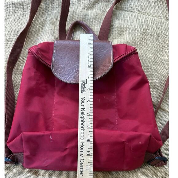 Longchamp Le Pliage Original Backpack Brown Red Nylon Leather Travel Bag Logo - Picture 9 of 15